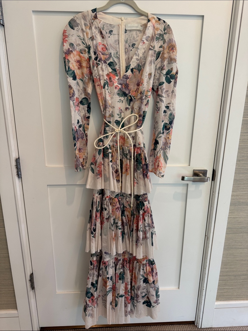 Zimmermann Acacia Long Sleeve Tiered Maxi Dress in Cream Multi Floral